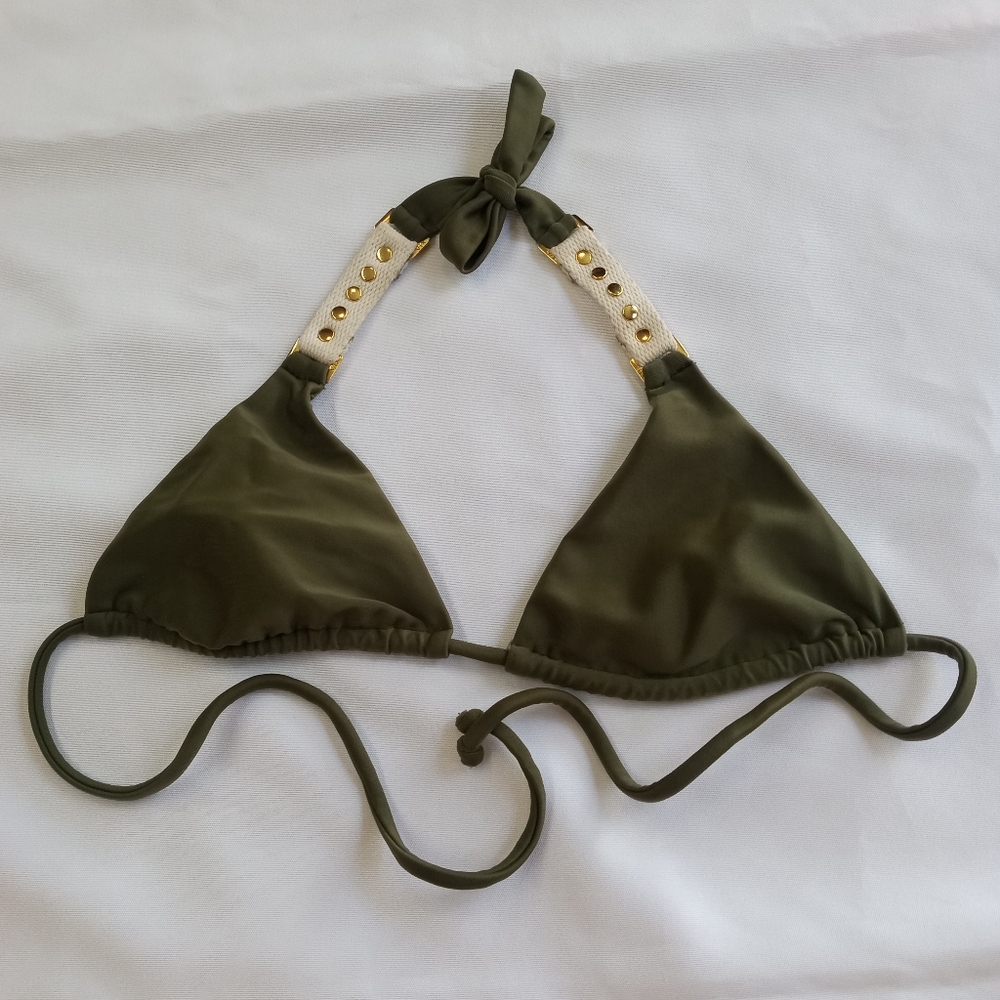 Vix Evergreen Olive Green Gold & White Belt Buckle Strap String Bikini Swim Top